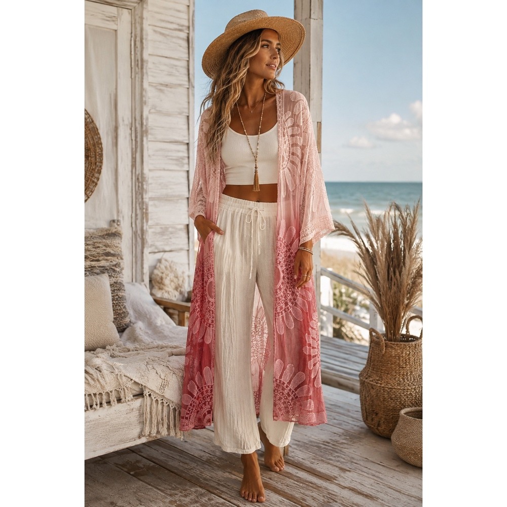 Alchemy Thread Pink Ombre Lace Embroidered Kimono Duster Boho Beach Cover Up XL